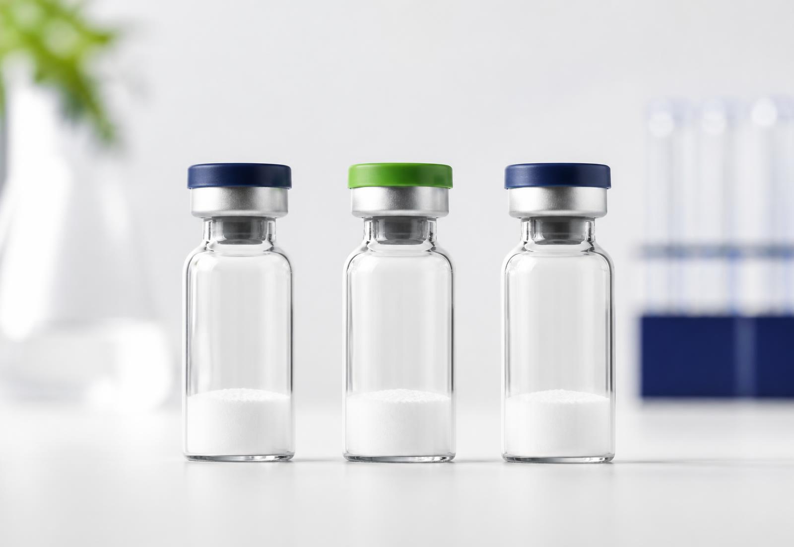 Sealed research vials containing lyophilised powder on a laboratory bench